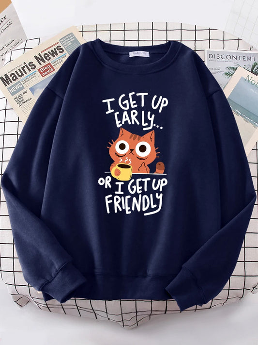 Morning Mood Cozy Cat Print Oversized Hoodie for Women