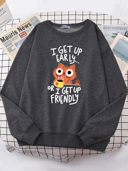 Morning Mood Cozy Cat Print Oversized Hoodie for Women