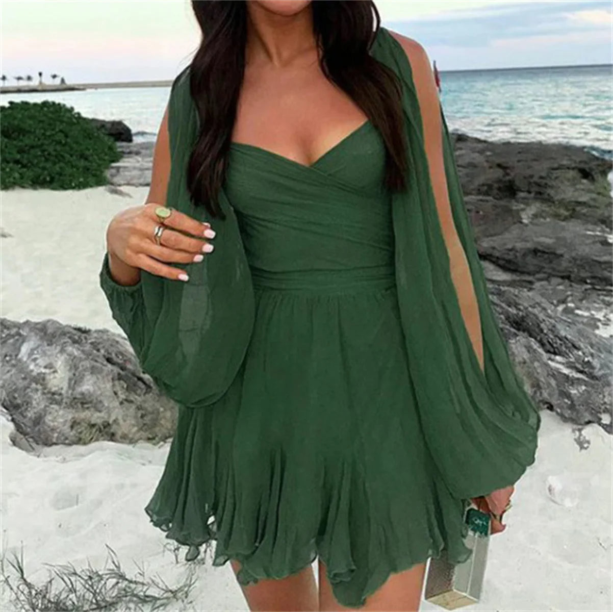 Emerald Allure Pleated Mini Dress