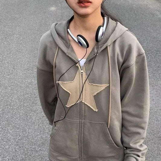 Hip Hop Zip Up Hoodie Vintage Star Patch