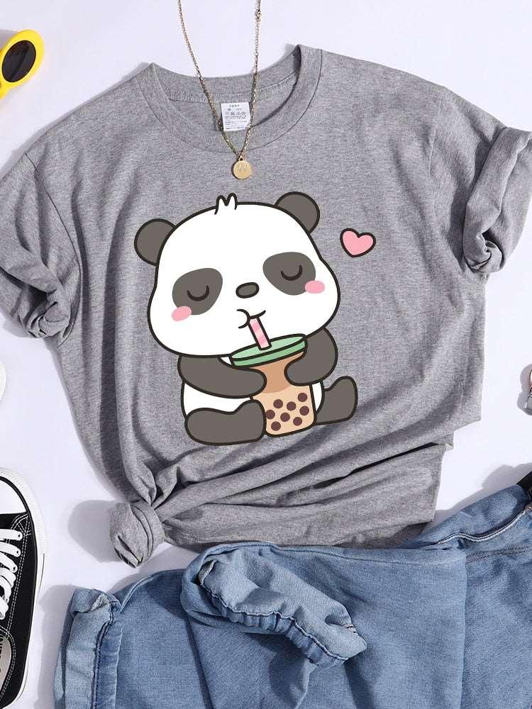 Kawaii Panda and Bubble Tea Crop Top T-Shirt for Women