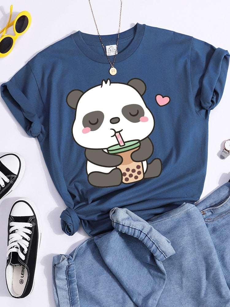 Kawaii Panda and Bubble Tea Crop Top T-Shirt for Women