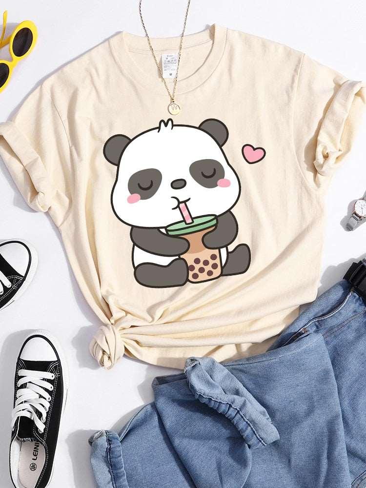 Kawaii Panda and Bubble Tea Crop Top T-Shirt for Women