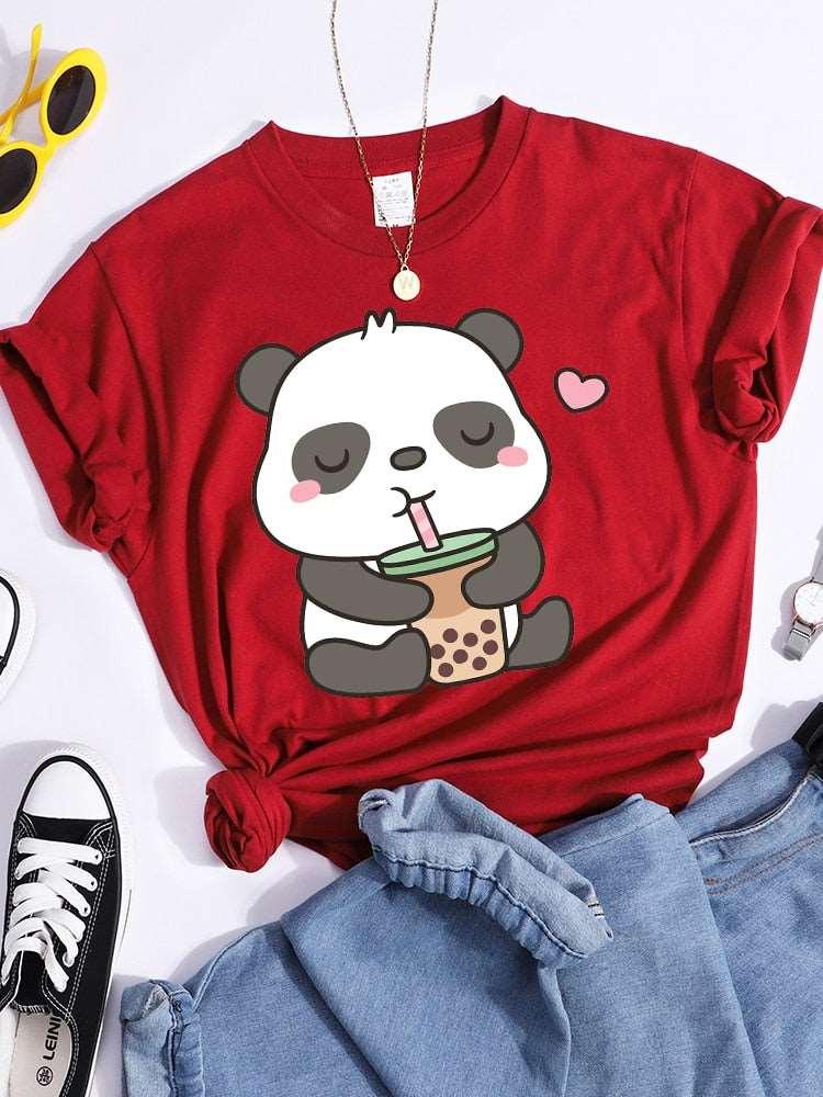 Kawaii Panda and Bubble Tea Crop Top T-Shirt for Women