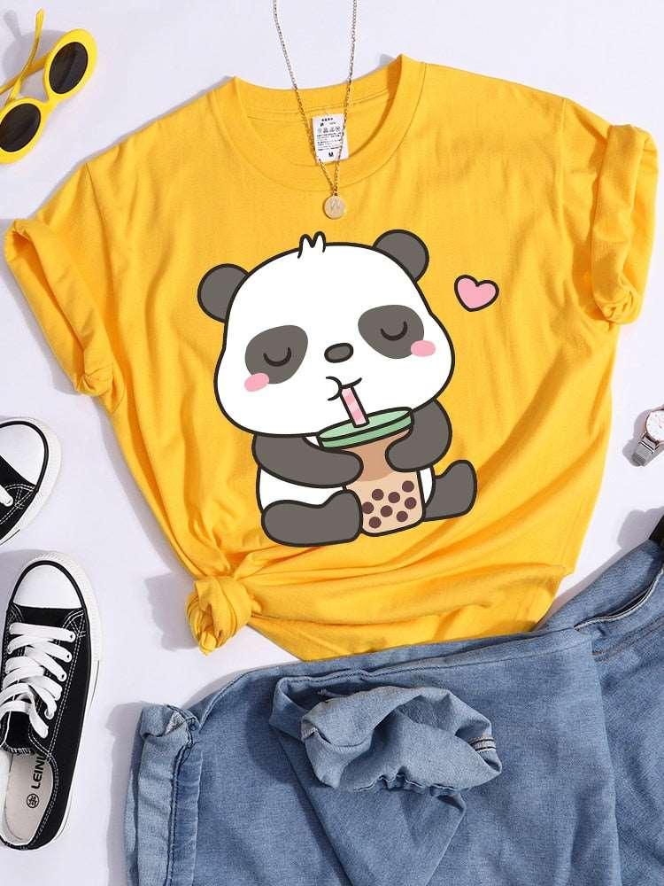 Kawaii Panda and Bubble Tea Crop Top T-Shirt for Women