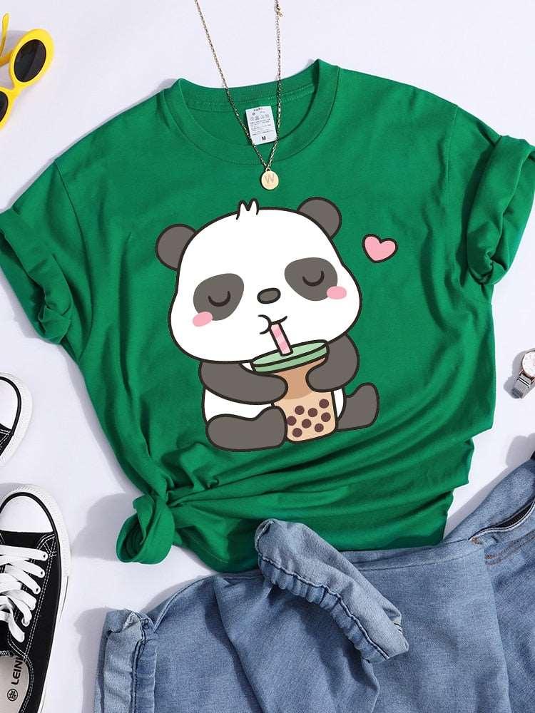 Kawaii Panda and Bubble Tea Crop Top T-Shirt for Women