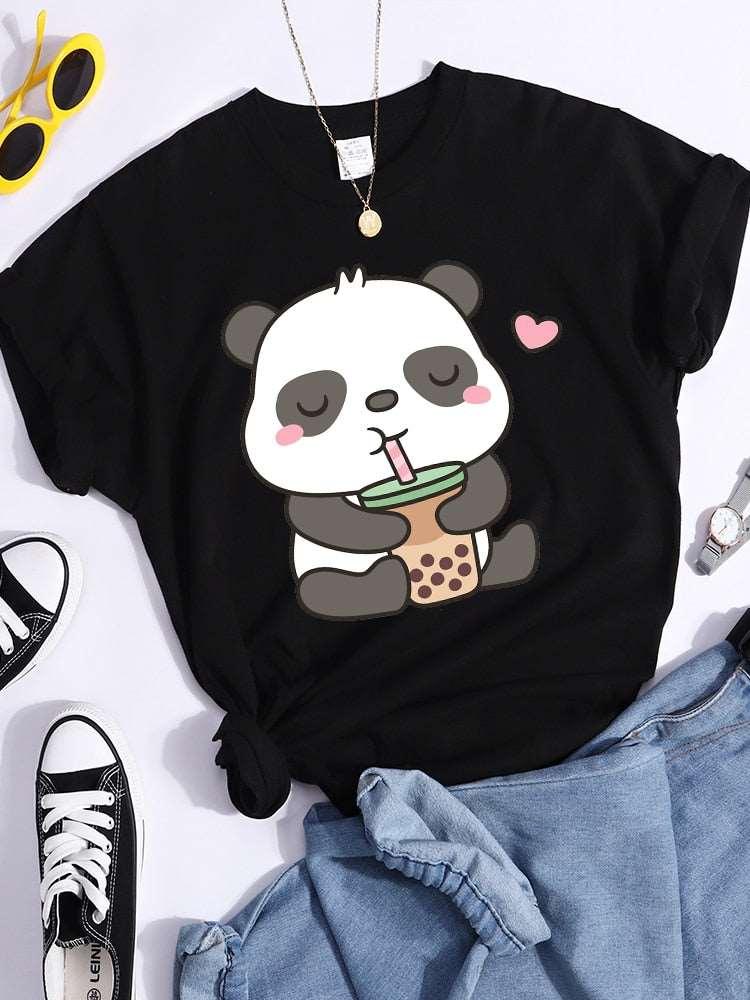 Kawaii Panda and Bubble Tea Crop Top T-Shirt for Women