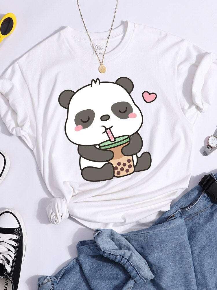 Kawaii Panda and Bubble Tea Crop Top T-Shirt for Women