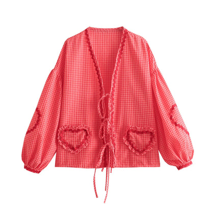 Vintage Heart Pocket V-Neck Blouse