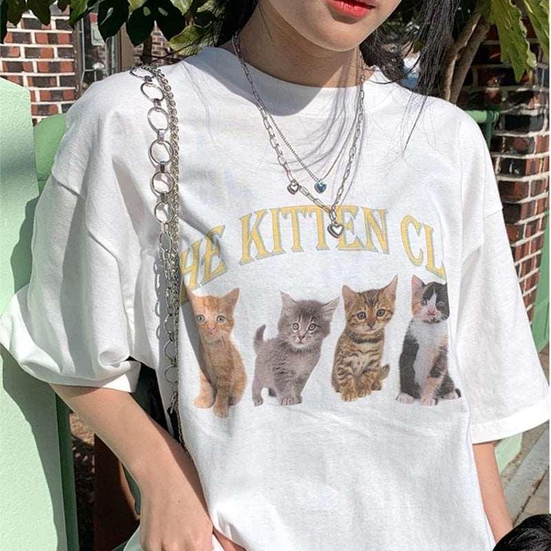 Kawaii The Kitten Club Oversized Graphic T-Shirt for Women