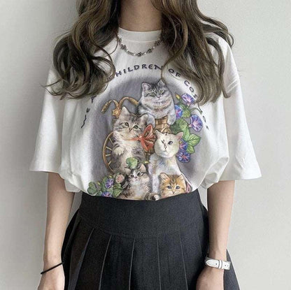 Kawaii The Kitten Club Oversized Graphic T-Shirt for Women