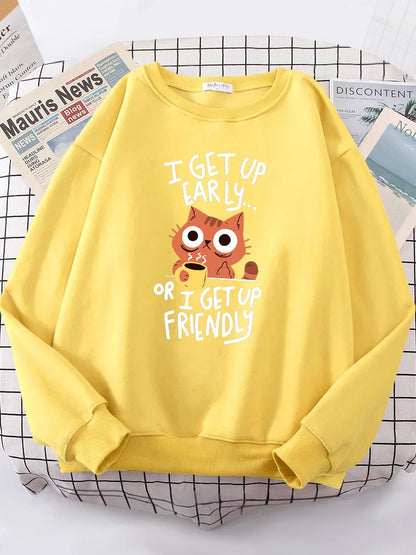 Morning Mood Cozy Cat Print Oversized Hoodie for Women